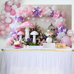 Lofaris Fairy Pink Mushroom and Birdcage Spring Backdrop, Floral Balloon Arch Girls Birthday Party Background