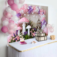 Lofaris Fairy Pink Mushroom and Birdcage Spring Backdrop, Floral Balloon Arch Girls Birthday Party Background