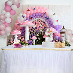 Lofaris Pink Mushroom and Floral Wall Spring Backdrop, Purple Balloon Arch Butterfly Birthday Party Background