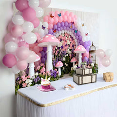 Lofaris Pink Mushroom and Floral Wall Spring Backdrop, Purple Balloon Arch Butterfly Birthday Party Background