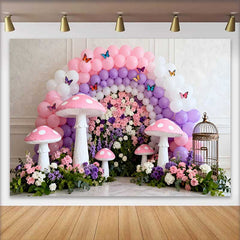 Lofaris Pink Mushroom and Floral Wall Spring Backdrop, Purple Balloon Arch Butterfly Birthday Party Background
