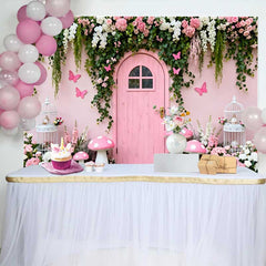 Lofaris Pink Wooden Door and Floral Vines Spring Backdrop, Fairy Mushroom Birdcage Birthday Party Background