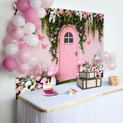 Lofaris Pink Wooden Door and Floral Vines Spring Backdrop, Fairy Mushroom Birdcage Birthday Party Background