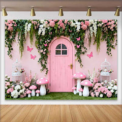 Lofaris Pink Wooden Door and Floral Vines Spring Backdrop, Fairy Mushroom Birdcage Birthday Party Background