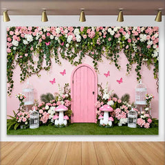Lofaris Secret Pink Door and Spring Floral Vines Backdrop, Fairy Garden Mushroom Birthday Photography Background