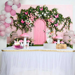 Lofaris Pink Door and Butterfly Floral Arch Spring Backdrop, Enchanted Mushroom Girl Birthday Party Background