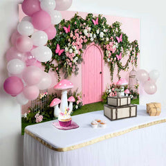 Lofaris Pink Door and Butterfly Floral Arch Spring Backdrop, Enchanted Mushroom Girl Birthday Party Background