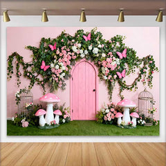 Lofaris Pink Door and Butterfly Floral Arch Spring Backdrop, Enchanted Mushroom Girl Birthday Party Background