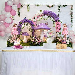 Lofaris Purple Mushroom and Fairy Floral Arch Spring Backdrop, Enchanted Forest Girls Birthday Party Background