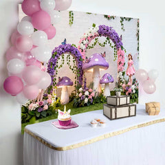 Lofaris Purple Mushroom and Fairy Floral Arch Spring Backdrop, Enchanted Forest Girls Birthday Party Background