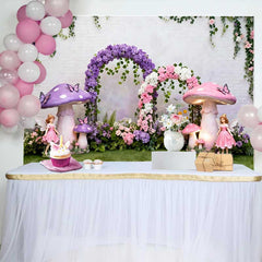 Lofaris Giant Purple Mushroom and Fairy Spring Backdrop, Floral Arch Enchanted Forest Birthday Party Background