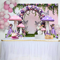 Lofaris Pink Purple Mushroom and Fairy Spring Backdrop, Floral Arch Girls Birthday Party Background