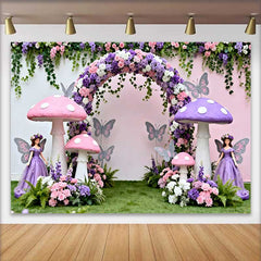 Lofaris Pink Purple Mushroom and Fairy Spring Backdrop, Floral Arch Girls Birthday Party Background