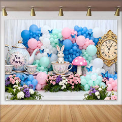 Lofaris Vintage Clock and Tea Party Rabbit Easter Backdrop, Pastel Balloon Arch Spring Photography Background