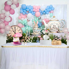 Lofaris Alice Tea Party Rabbit and Vintage Clock Easter Backdrop, Pastel Balloon Arch Spring Background