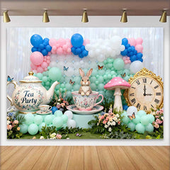 Lofaris Cute Rabbit in Teacup and Vintage Clock Easter Backdrop, Pastel Balloon Tea Party Spring Background