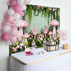 Lofaris Giant Pink Mushroom and Fairy Spring Backdrop, Enchanted Forest Floral Girls Birthday Background