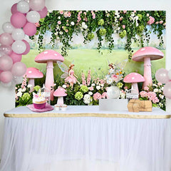 Lofaris Painted Meadow Fairy and Pink Mushroom Spring Backdrop, Enchanted Forest Girls Birthday Background
