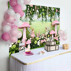 Lofaris Painted Meadow Fairy and Pink Mushroom Spring Backdrop, Enchanted Forest Girls Birthday Background