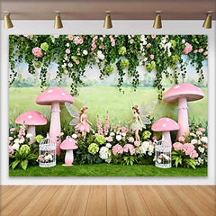 Lofaris Painted Meadow Fairy and Pink Mushroom Spring Backdrop, Enchanted Forest Girls Birthday Background