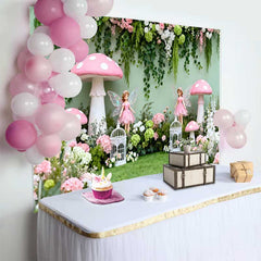 Lofaris Enchanted Fairy and Pink Mushroom Spring Backdrop, Floral Vine Forest Girls Birthday Background