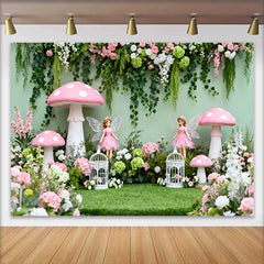 Lofaris Enchanted Fairy and Pink Mushroom Spring Backdrop, Floral Vine Forest Girls Birthday Background