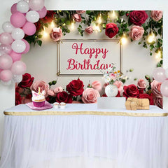 Lofaris Elegant Red Pink Rose Floral Happy Birthday Backdrop, Warm Fairy Lights Womens Photography Background