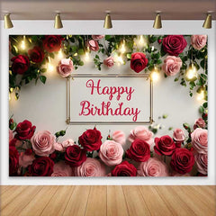 Lofaris Elegant Red Pink Rose Floral Happy Birthday Backdrop, Warm Fairy Lights Womens Photography Background