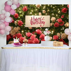 Lofaris Red White Rose Floral Wall Happy Birthday Backdrop, Warm Fairy Lights Womens Party Photography Background