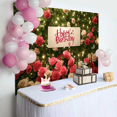Lofaris Red White Rose Floral Wall Happy Birthday Backdrop, Warm Fairy Lights Womens Party Photography Background