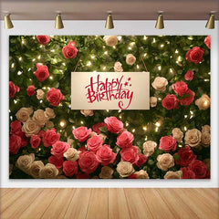 Lofaris Red White Rose Floral Wall Happy Birthday Backdrop, Warm Fairy Lights Womens Party Photography Background