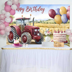 Lofaris Watercolor Red Tractor and Wheat Field Happy Birthday Backdrop, Farm Balloon Cake Boy Party Background