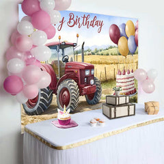 Lofaris Watercolor Red Tractor and Wheat Field Happy Birthday Backdrop, Farm Balloon Cake Boy Party Background