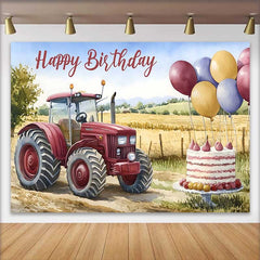 Lofaris Watercolor Red Tractor and Wheat Field Happy Birthday Backdrop, Farm Balloon Cake Boy Party Background
