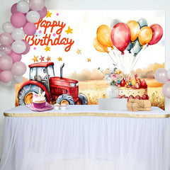 Lofaris Watercolor Red Tractor Farm Happy Birthday Backdrop, Wheat Field Balloon Cake Boys Photography Background