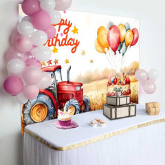 Lofaris Watercolor Red Tractor Farm Happy Birthday Backdrop, Wheat Field Balloon Cake Boys Photography Background