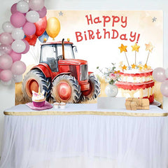 Lofaris Watercolor Red Tractor and Star Cake Happy Birthday Backdrop, Farm Balloon Boys Party Photography Background