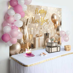Lofaris Golden Balloon Champagne Happy New Year Backdrop, Gift Box Winter Party Celebration Photography Background