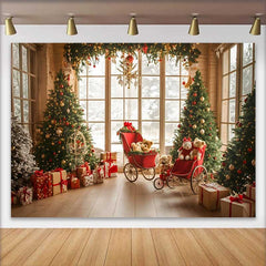 Lofaris Vintage Window Christmas Tree Photography Backdrop, Red Carriage Teddy Bear Winter Holiday Party Background