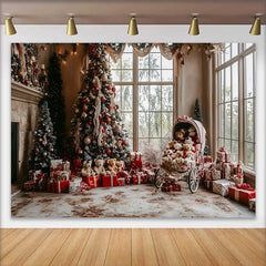 Lofaris Cozy Living Room Christmas Tree Photography Backdrop, Vintage Teddy Bear Carriage Holiday Party Background