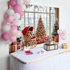 Lofaris Christmas Photography Backdrop, Winter Window Snow Scene with Red Stroller and Teddy Bears