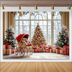Lofaris Christmas Photography Backdrop, Winter Window Snow Scene with Red Stroller and Teddy Bears