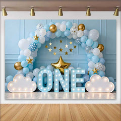 Lofaris Boy 1st Birthday Cake Smash Backdrop, Blue and White Balloon Arch with Marquee ONE and Gold Stars