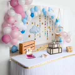 Lofaris First Birthday Cake Smash Backdrop, Blue Balloon Arch with Hanging Beads and Stars for Baby Boy