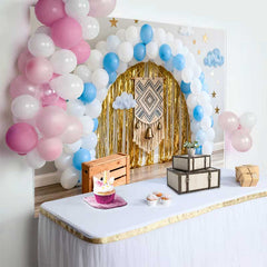 Lofaris Boho 1st Birthday Cake Smash Backdrop, Blue and White Balloon Arch with Gold Fringe and Macrame