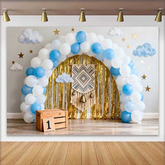 Lofaris Boho 1st Birthday Cake Smash Backdrop, Blue and White Balloon Arch with Gold Fringe and Macrame