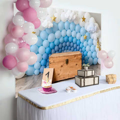 Lofaris 1st Birthday Photography Backdrop, Blue and White Balloon Wall with Stars and Clouds for Cake Smash