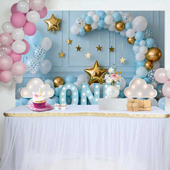 Lofaris One Year Old Birthday Backdrop, Blue Balloon Arch with Marquee ONE and Gold Stars for Baby Boy