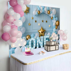 Lofaris One Year Old Birthday Backdrop, Blue Balloon Arch with Marquee ONE and Gold Stars for Baby Boy