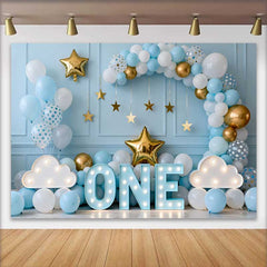 Lofaris One Year Old Birthday Backdrop, Blue Balloon Arch with Marquee ONE and Gold Stars for Baby Boy